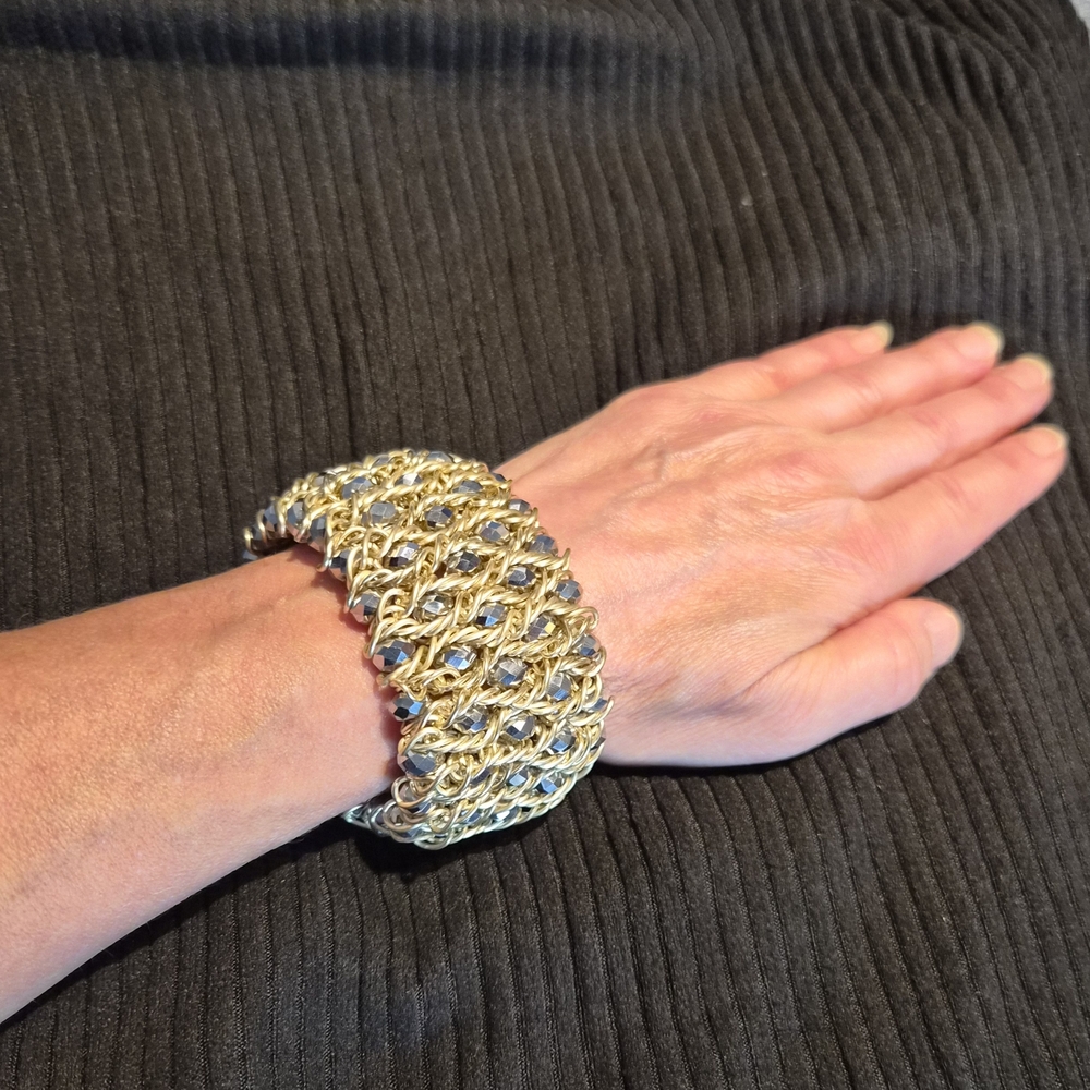 Chunky Gold Chainmail and Silver Beaded Stretch Bracelet
